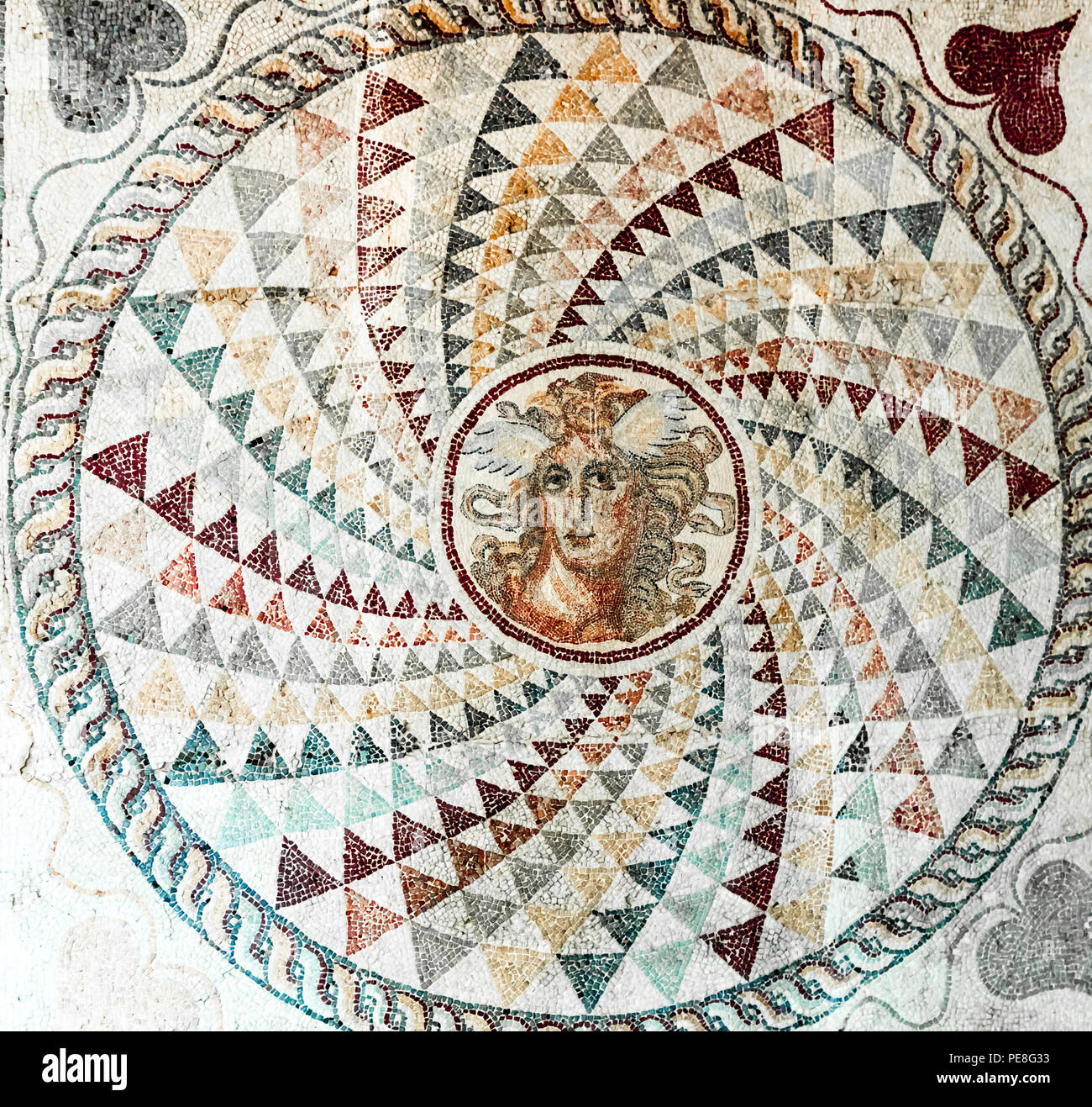 Mosaic Floor, Gorgon's Head with Wings & Snakes, found Zea, Piraeus, 2nd Century Stock Photo