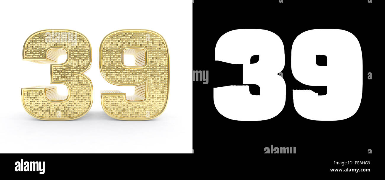 Golden number thirty nine (number 39) on white background with drop shadow and alpha channel. 3D illustration. Stock Photo