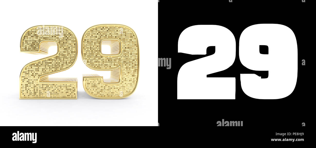 Golden number twenty-nine (29 years) on white background with