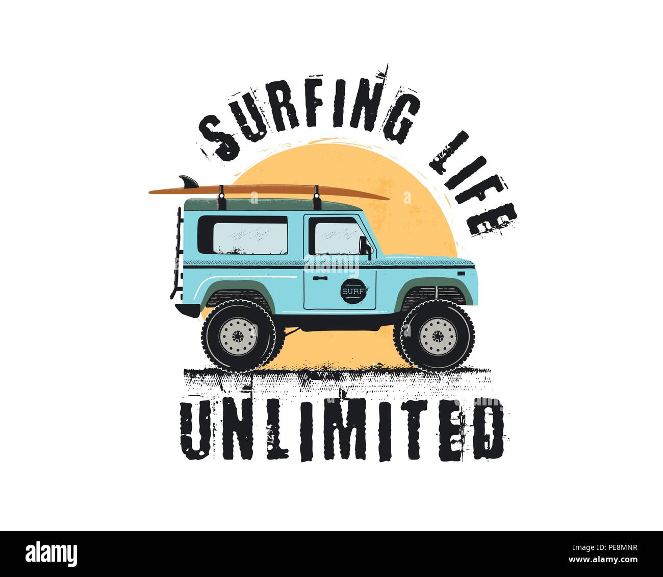 Vintage Surf Emblem with retro woodie car. Surfing Life Unlimited typography. Included surfboards, road and sun symbols. Good for T-Shirt, mugs. Stock vector isolated on white background Stock Vector