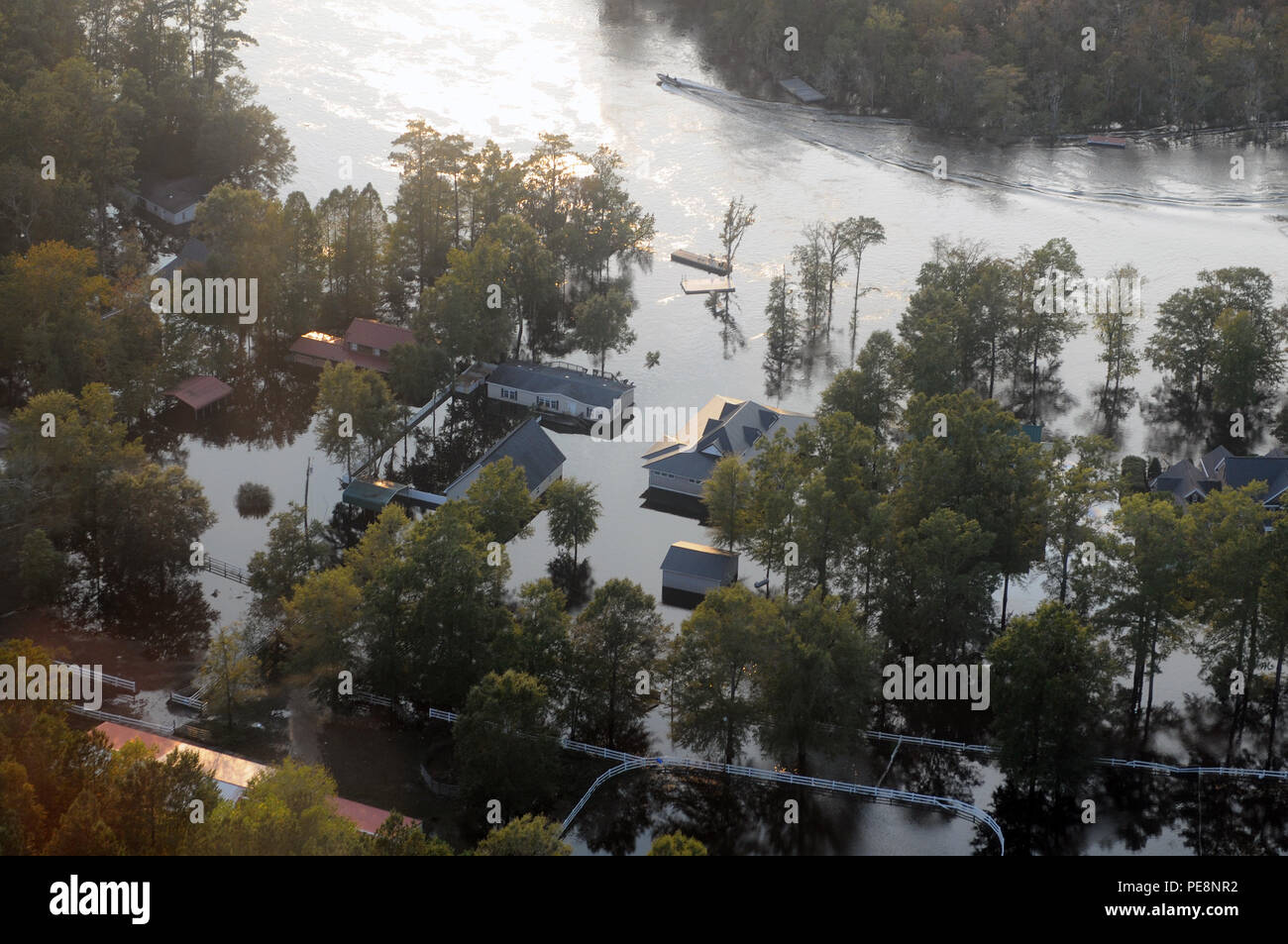 Flood damage seen during a visit by Army Gen. Frank Grass, chief, National Guard Bureau, and Air Force Chief Master Sgt. Mitchell Brush, senior enlisted adviser to the chief of the National Guard Bureau, to assess the National Guard response in support of civil authorities to severe flooding in South Carolina, Oct. 13, 2015. (U.S. Army National Guard photo by Sgt. 1st Class Jim Greenhill) (Released) Stock Photo