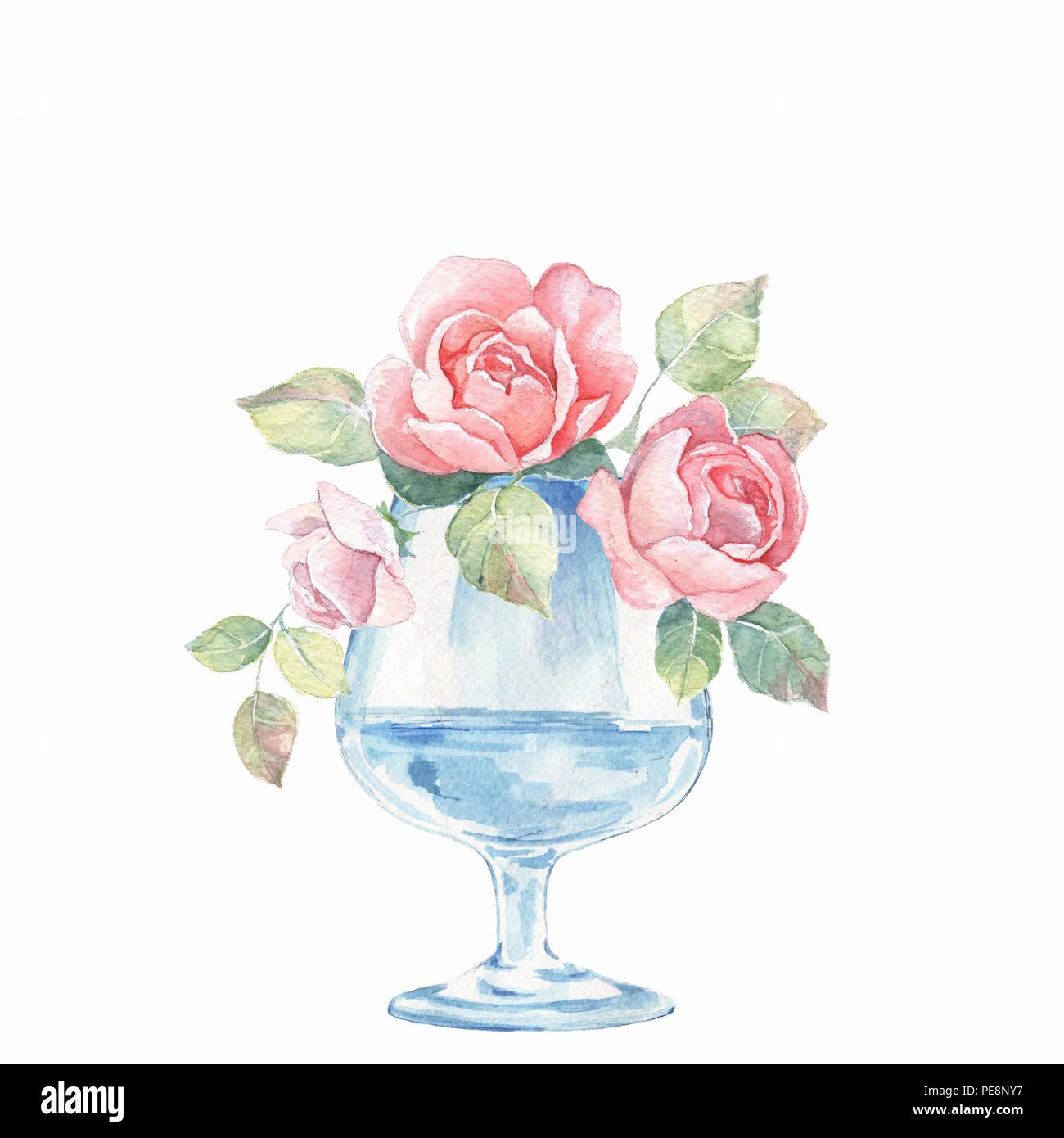 Glass vase with flowers. Watercolor illustration 2 Stock Photo