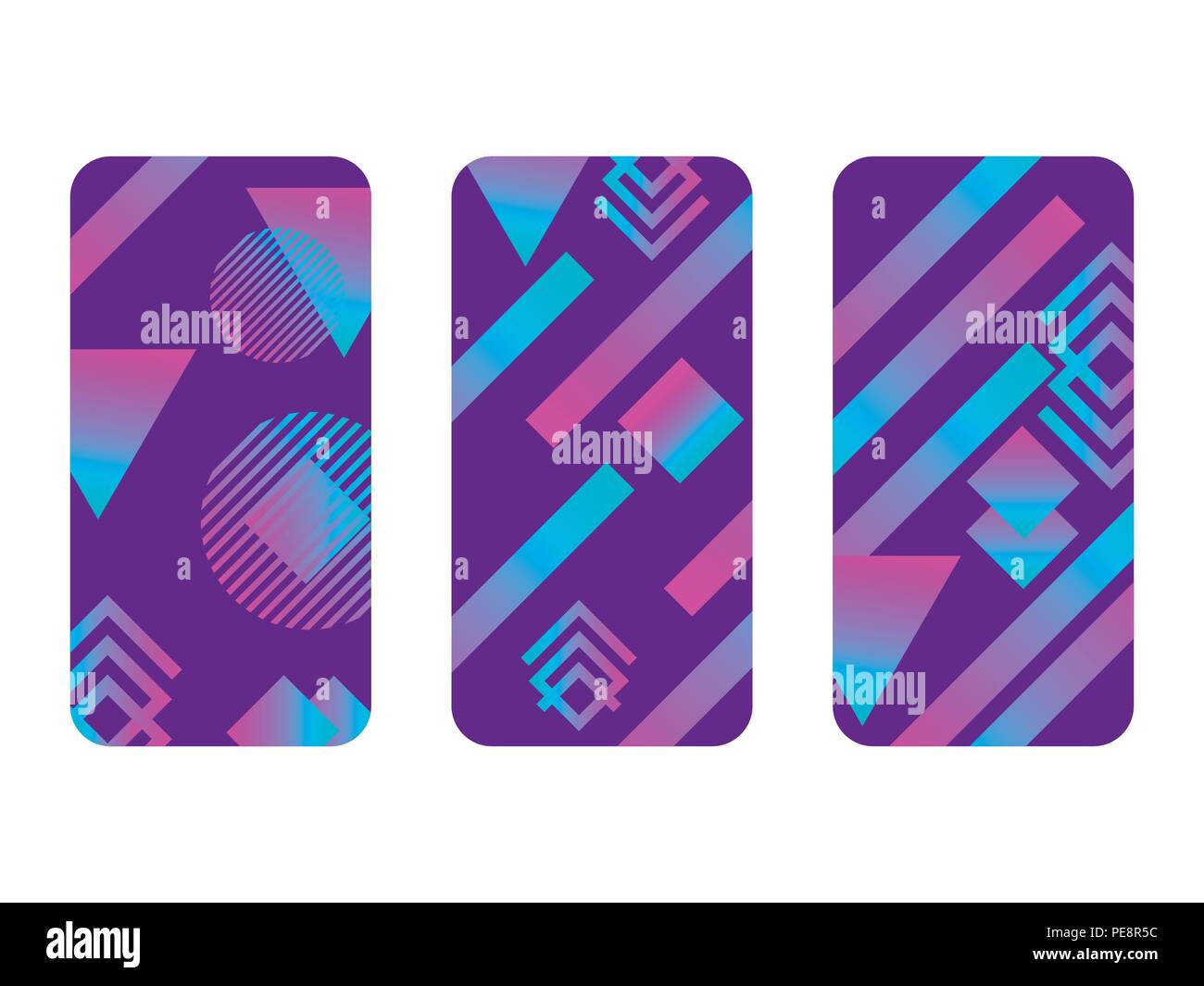 Phone case mockup. Memphis pattern background. Gradients geometric shape style of the 80s. Smartphone cases set. Vector illustration Stock Vector