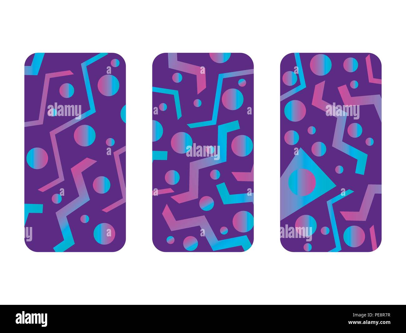 Phone case mockup. Memphis pattern background. Gradients geometric shape style of the 80s. Smartphone cases set. Vector illustration Stock Vector
