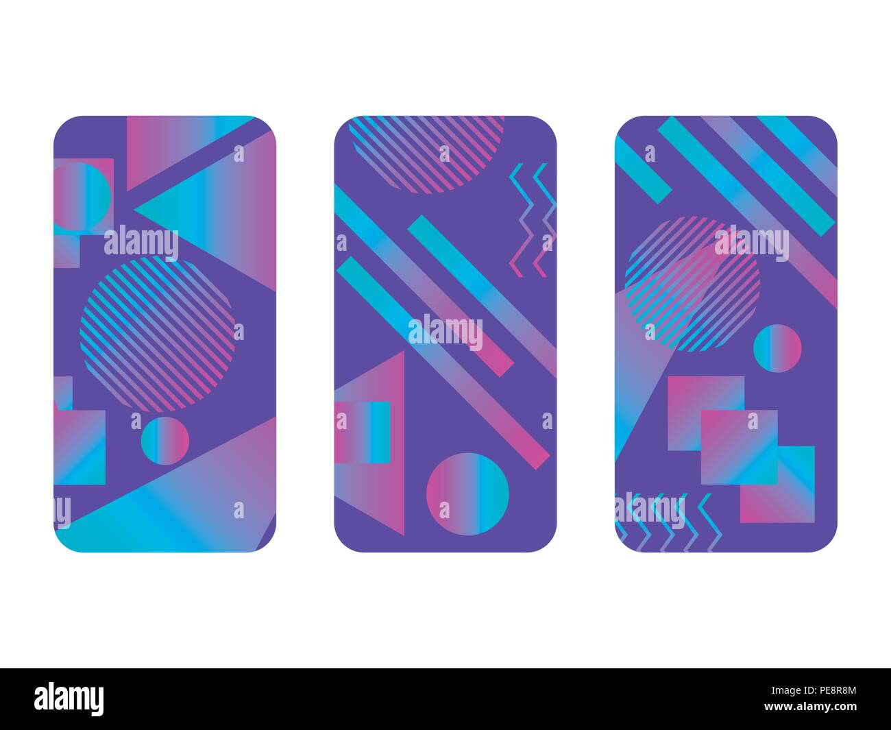 Phone case mockup. Memphis pattern background. Gradients geometric shape style of the 80s. Smartphone cases set. Vector illustration Stock Vector