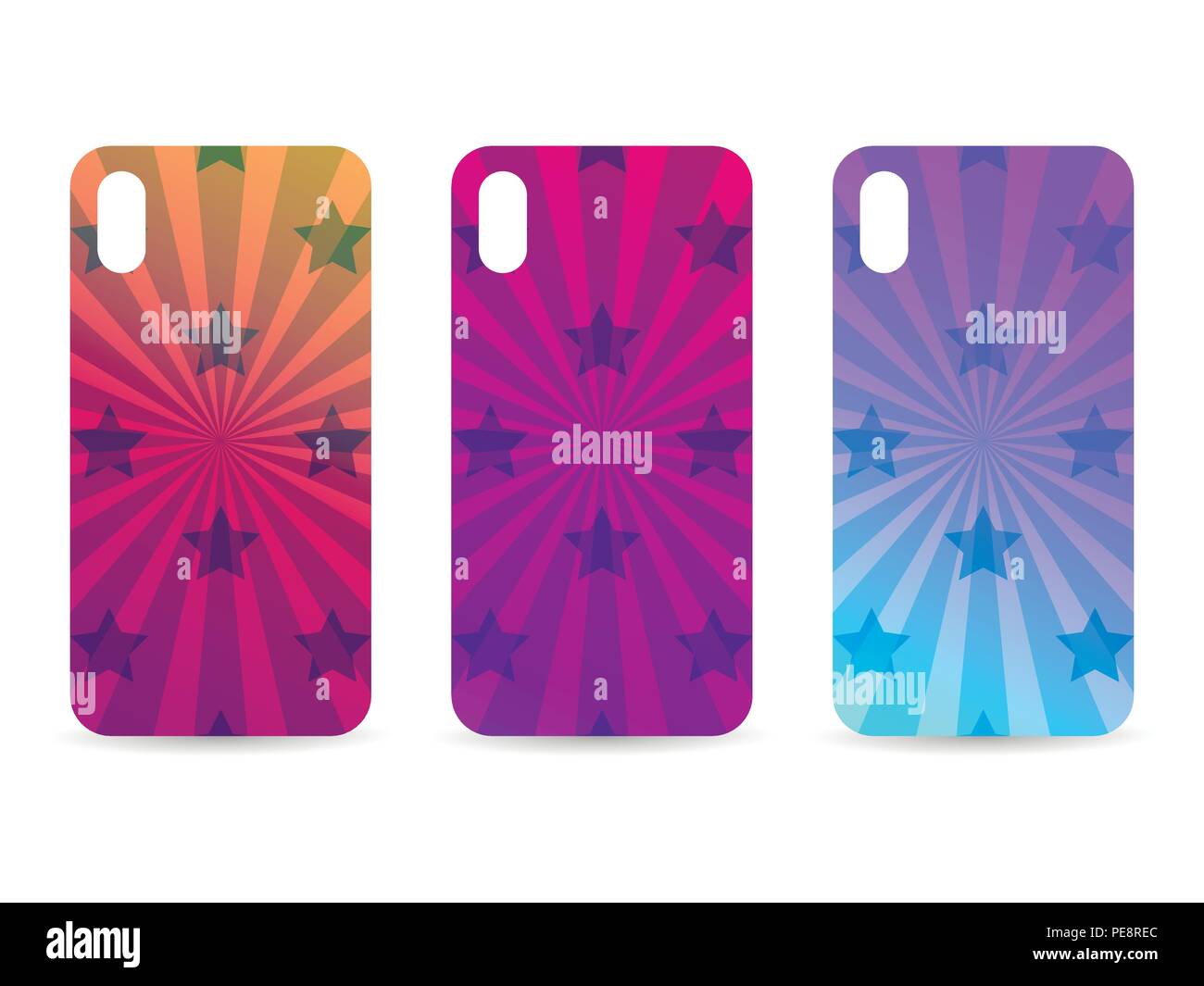 Phone case set with gradient backgrounds. Rays and stars. Blurred shades. Vector illustration Stock Vector