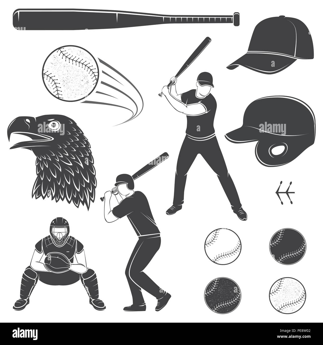 Set of baseball equipment and gear. Vector illustration. Baseball seam brushes. Ball for baseball, batter, catcher, baseball bat, helmet, cap and eagle silhouette. Stock Vector