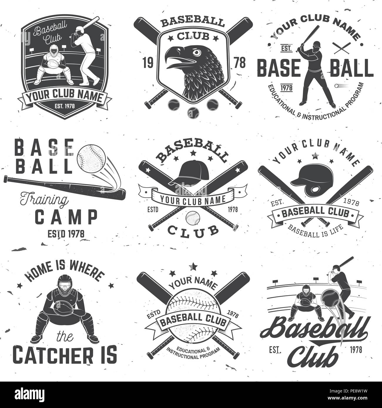 Set of baseball or softball club badge. Vector. Concept for shirt or logo, print, stamp or tee. Vintage typography design with baseball bats, catcher, eagle and ball for baseball silhouette. Stock Vector
