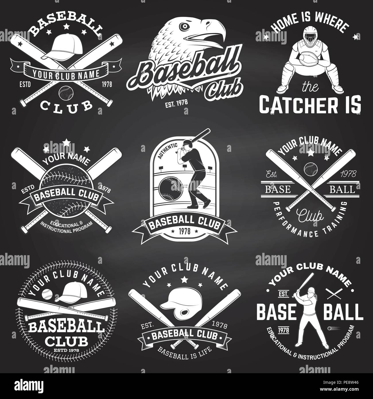 Set of baseball or softball club badge on the chalkboard. Vector. Concept for shirt or logo, print, stamp or tee. Vintage design with baseball bats, catcher, eagle and ball for baseball silhouette. Stock Vector