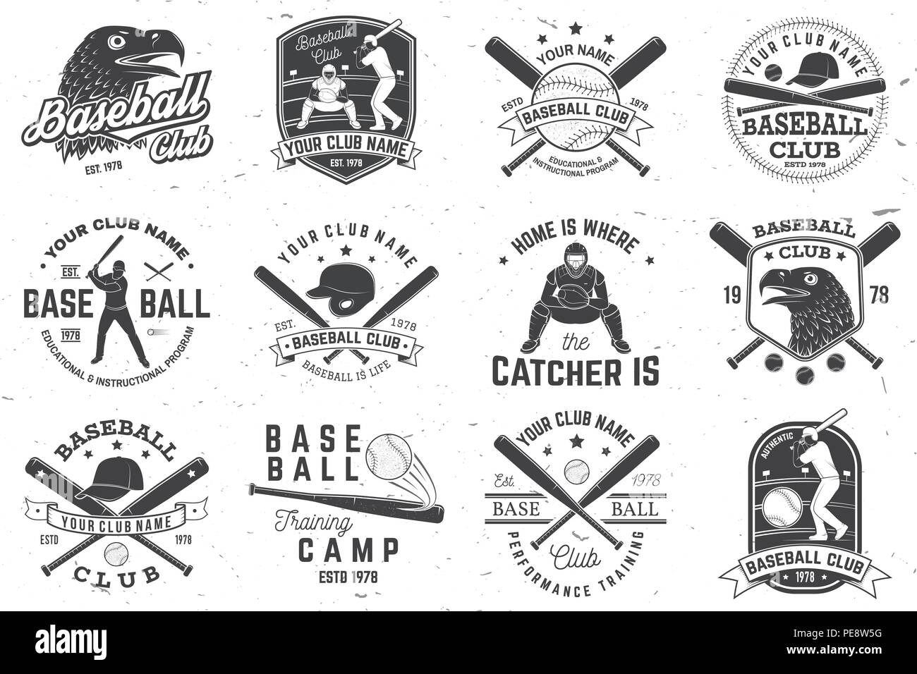 Set of baseball or softball club badge. Vector. Concept for shirt or logo, print, stamp or tee. Vintage typography design with baseball bats, catcher, eagle and ball for baseball silhouette. Stock Vector