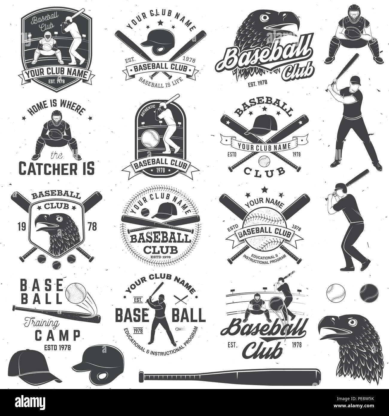 Set of baseball or softball club badge with design element. Vector. Concept for shirt or logo, print, stamp or tee. Vintage design with baseball bats, catcher, eagle and ball for baseball silhouette. Stock Vector