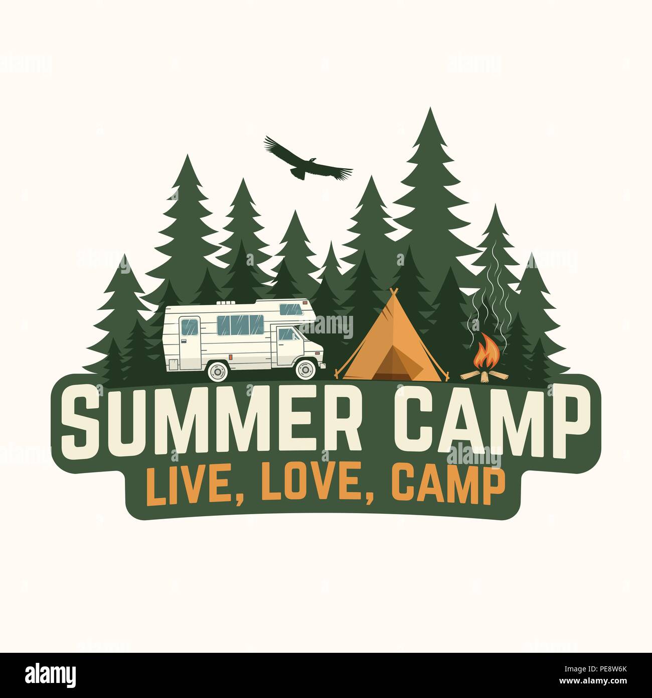 Summer camp. Vector illustration. Concept for shirt or logo, print, stamp or tee. Vintage typography design with rv trailer, camping tent and forest silhouette. Stock Vector
