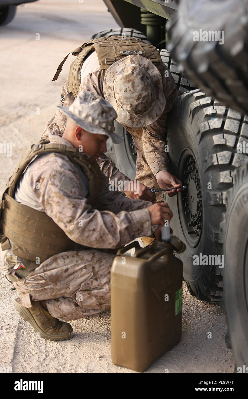 Marines with 4th Light Armored Reconnaissance Battalion perform maintenance checks at a rest stop during a convoy of 14 armored vehicles on their way from Rota, Spain to Almaria Nov. 25. Exercise Trident Juncture is NATO’s largest since 2002 and will include more than 30 nations participating in three host countries. Stock Photo