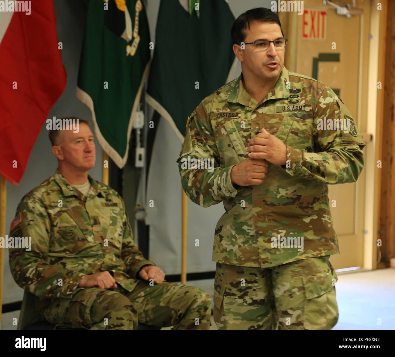 The 5th Battalion, 1st Special Warfare Training Group (Airborne) Command team, Lt. Col. Daniel Castro and Command Sgt. Maj. Jody Hall speak to the graduates of the POQC during the commencement ceremony. Stock Photo