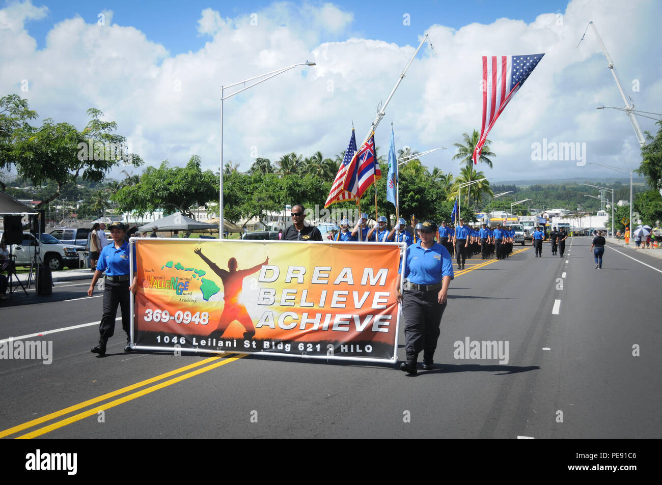 Members of the Hawaii National Guard Youth Challenge Academy march down Kamehameha Avenue during