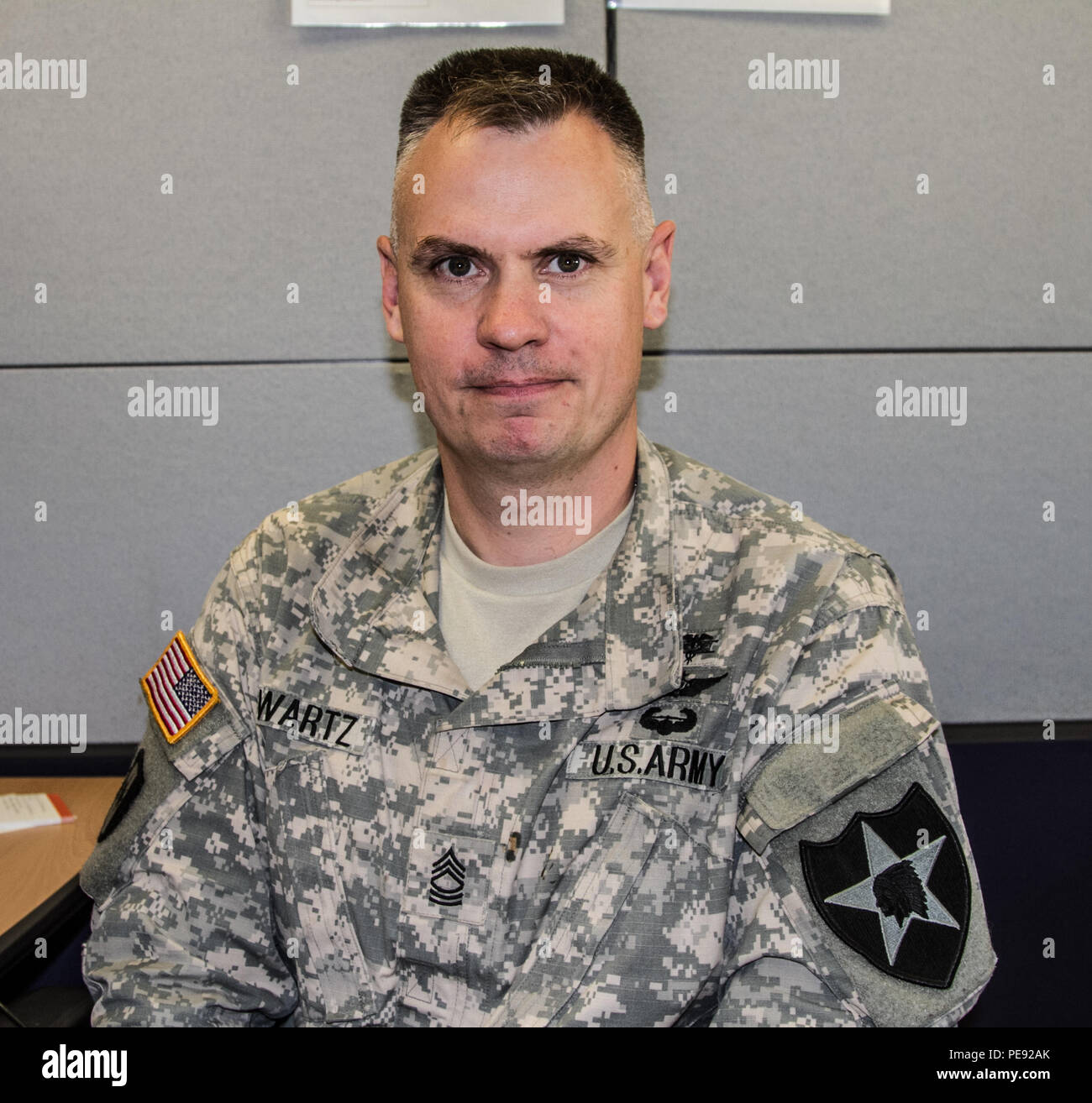 Master Sgt. Karl Swartz, a Medical Operations NCO, Headquarters and Headquarters Company, 2CAB, talked about his childhood in Montana. Stock Photo