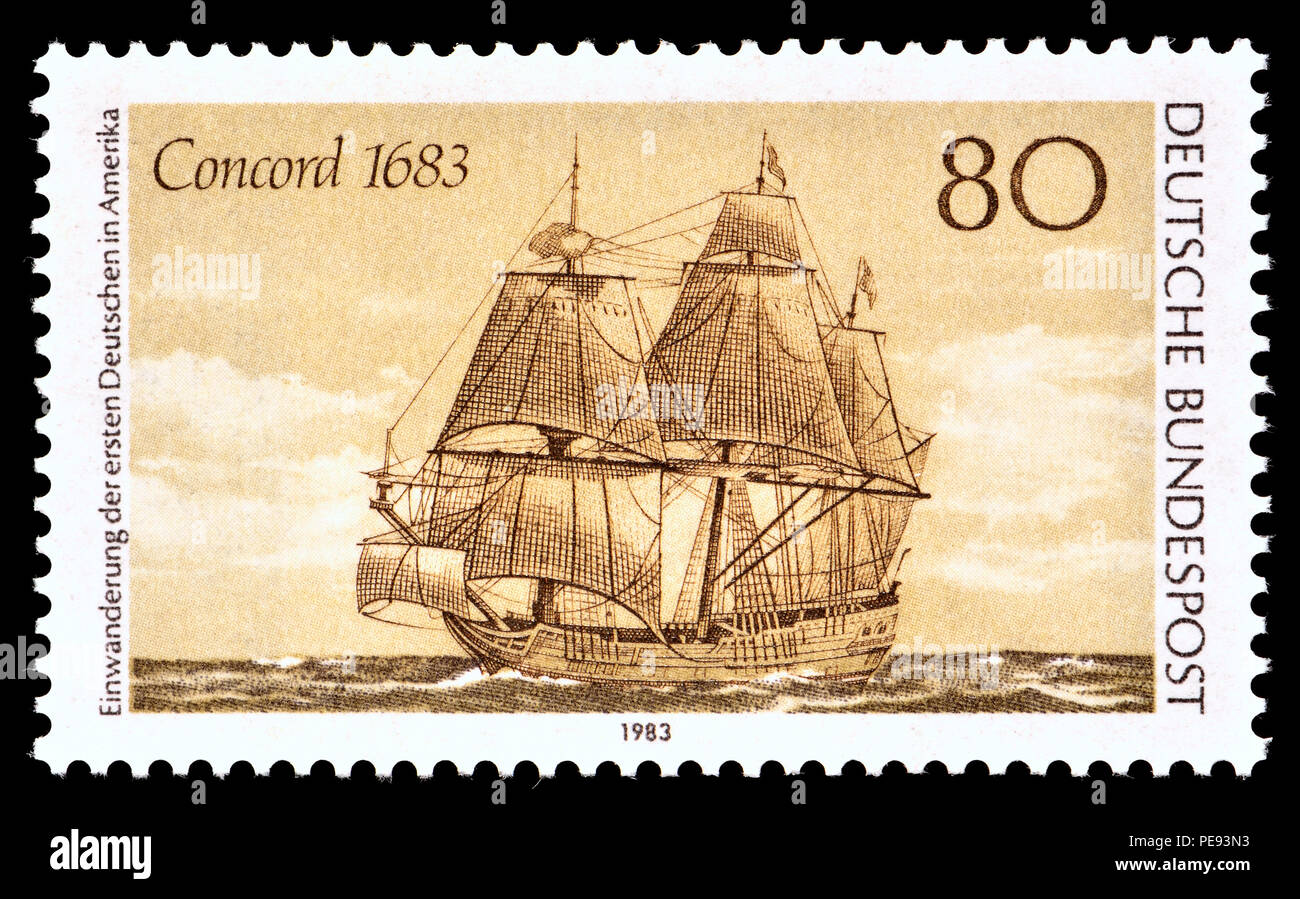 German postage stamp (1983) : Concord - the ship which took the first group of German emigrants to America in 1683. On board were 13 Mennonite familie Stock Photo