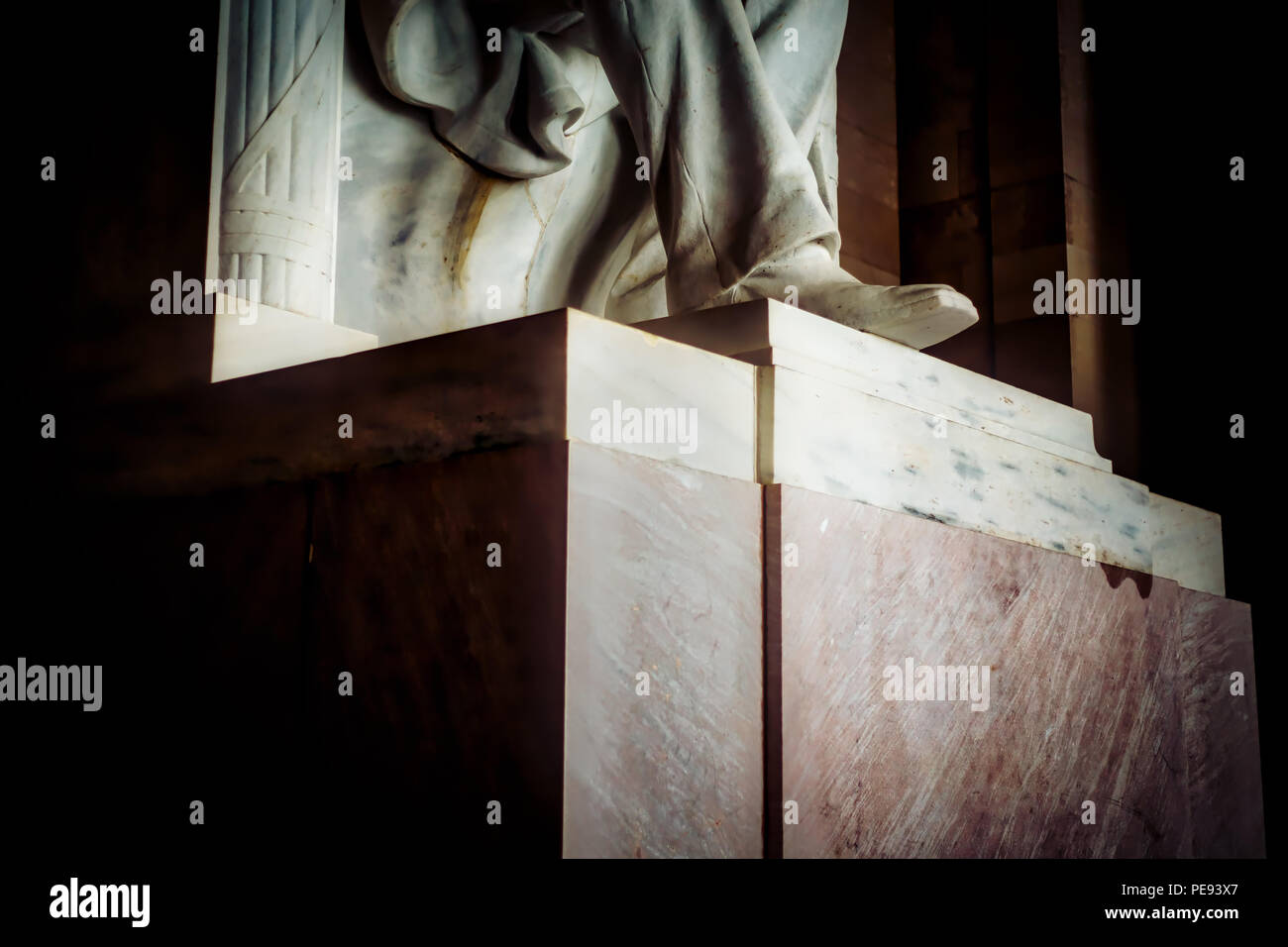 The foot of Abraham Lincoln’s statue in the Lincoln Memorial.  Lincoln's nickname in his White House circles was 'The Ancient One' because of knowledg Stock Photo