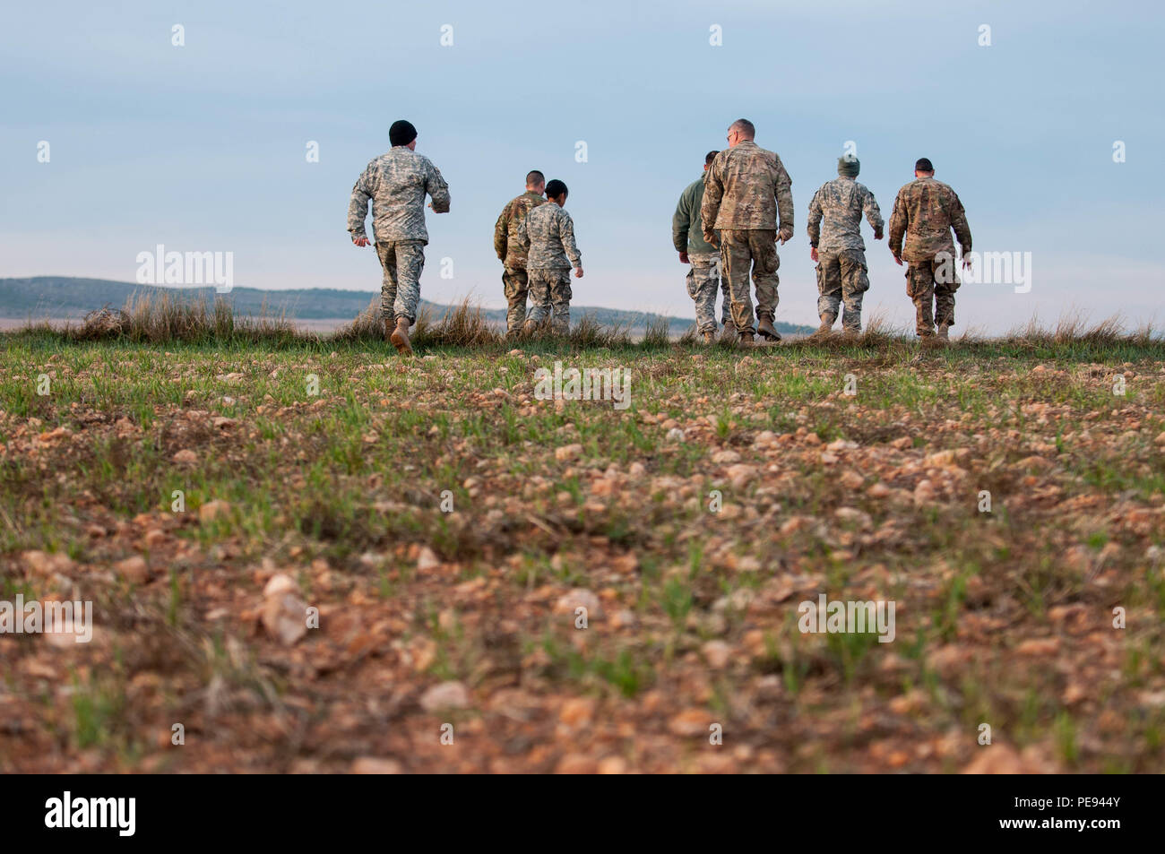 Soldiers of 557th Area Support Medical Company recon the drop zone at Trident Juncture 2015 in Chinchilla, Spain. 557th ASMC provided medical coverage along with Belgium and Italian Army medical assets for this airborne operation on Oct. 23, 2015 (U.S. Army photo by Capt. Jeku Arce 30th Medical Brigade Public Affairs) Stock Photo