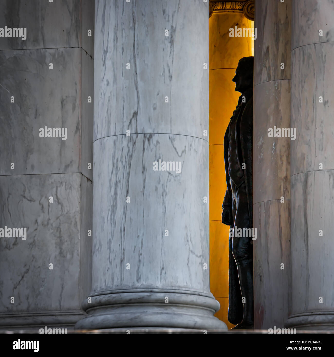 Shadows and light cast upon cast upon Thomas Jefferson’s silhouette at the National Mall in Washington DC. Stock Photo