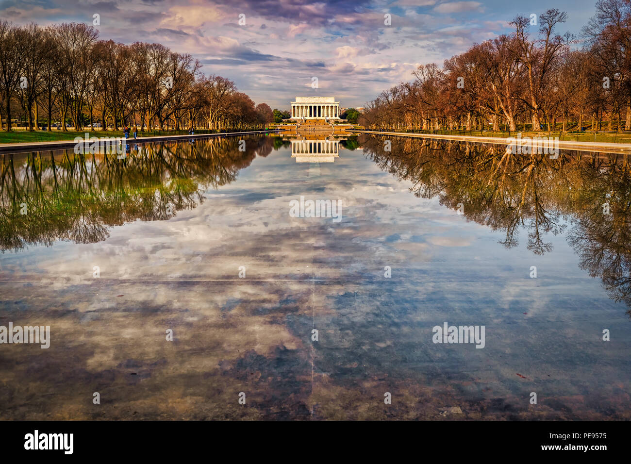 The Reflecting Pool between the WWII and Lincoln Memorials in Washington DC. Stock Photo