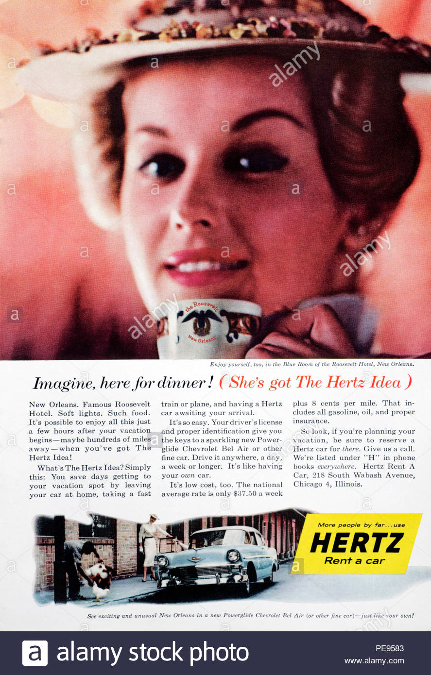 Vintage advertising for Hertz Rent a Car from 1950s Stock Photo