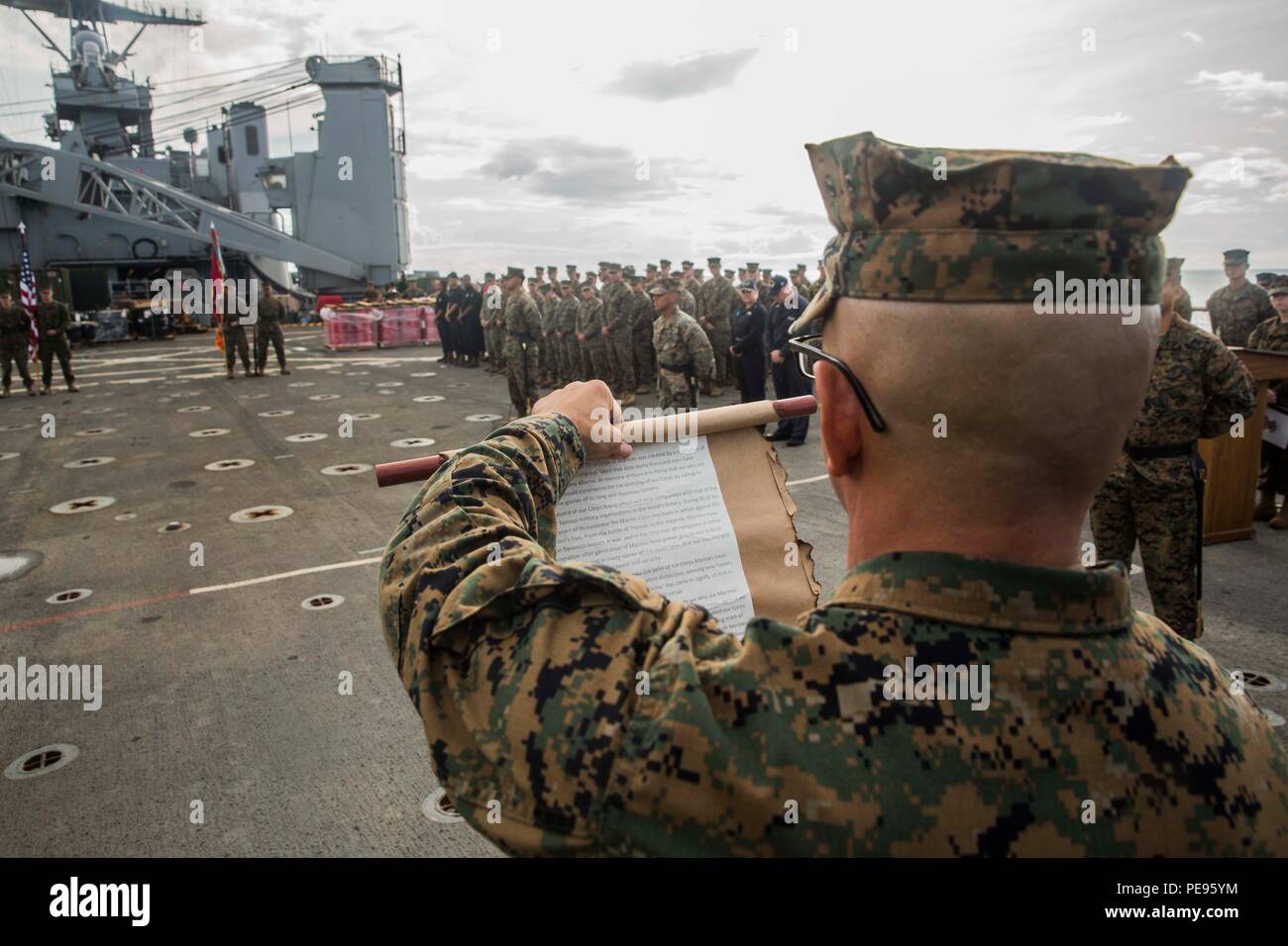 SOUTH CHINA SEA (Nov. 9, 2015) U.S. Marine Gunnery Sgt. Loera reads Gen. John A. Lejeune’s