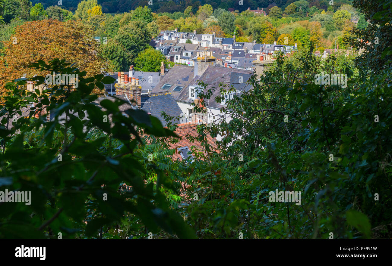 View of rooftops of houses in the British county town of Lewes, East Sussex, England, UK. View of a small town. Stock Photo