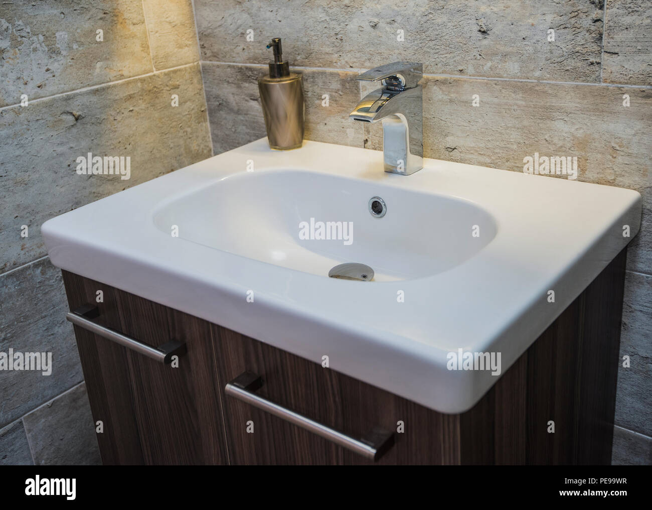 Picture of Interior design of a luxury show home bathroom with pedestal sink Stock ...