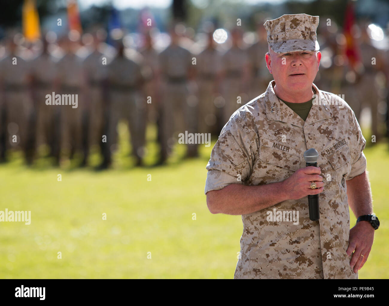 U.S. Marine Corps Maj. Gen. Walter L. Miller, Jr, commanding general, II Marine Expeditionary Force (II MEF), gives his remarks during the II MEF change of command ceremony on Camp Lejeune, N.C., Oct. 22, 2015. Maj. Gen. William D. Beydler, off going commanding general, II MEF, relinquished command to Miller, Jr. (U.S. Marine Corps photo by Lance Cpl. Chloe Nelson, 2nd MARDIV, Combat Camera/Released) Stock Photo
