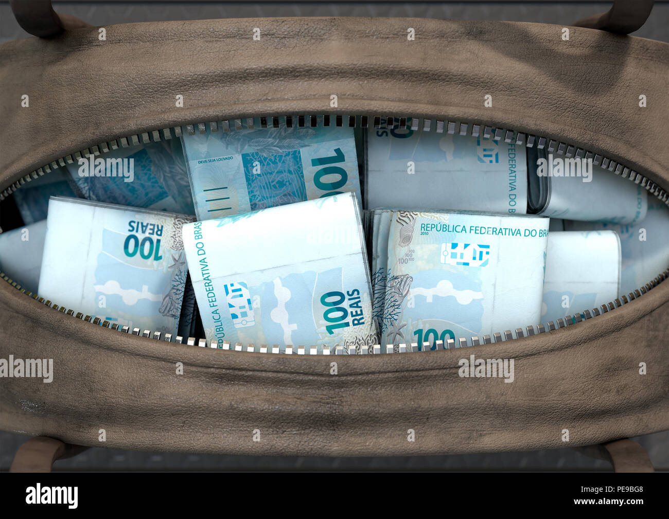 A smuggling concept depicting an open brown leather duffel bag revealing  bundles of illicit rolled brazilian real notes - 3D render Stock Photo -  Alamy