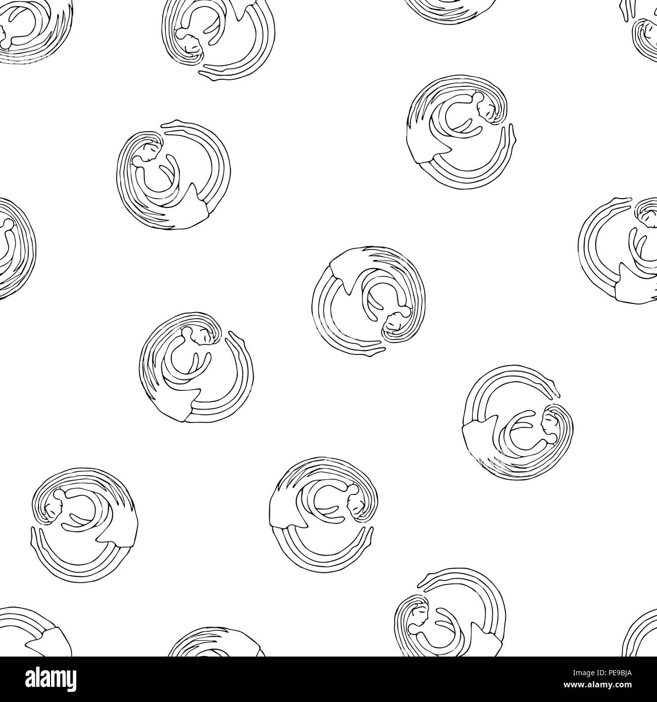 Sketch ghost soul path flying girls in round. Seamless vector pattern Stock Vector