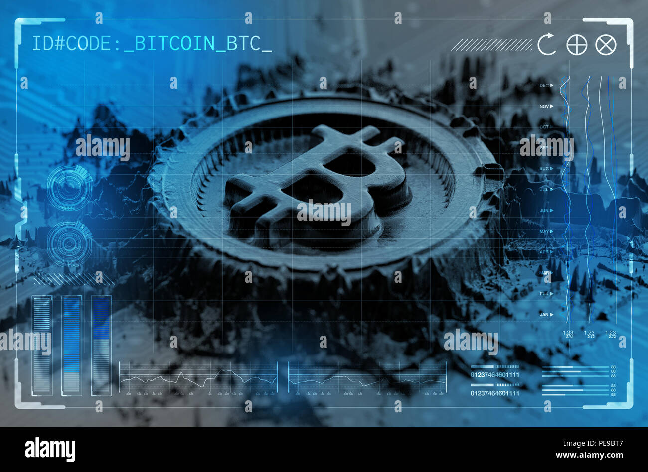 Extruded metal particles that build up to form a physical  bitcoin cryptocurrency symbol overlaid with a technical data analysis interface - 3D render Stock Photo