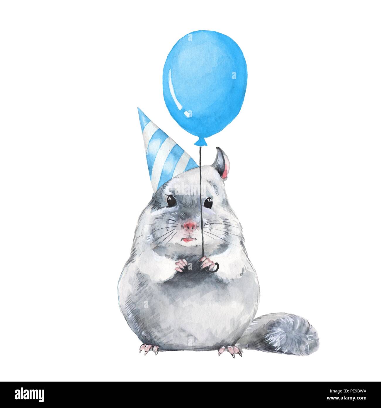 Chinchilla with balloon. Watercolor birthday card Stock Photo