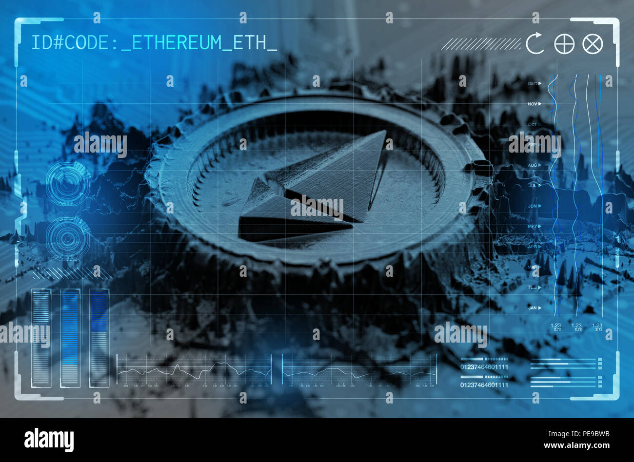 Extruded metal particles that build up to form a physical ethereum cryptocurrency symbol overlaid with a technical data analysis interface - 3D render Stock Photo
