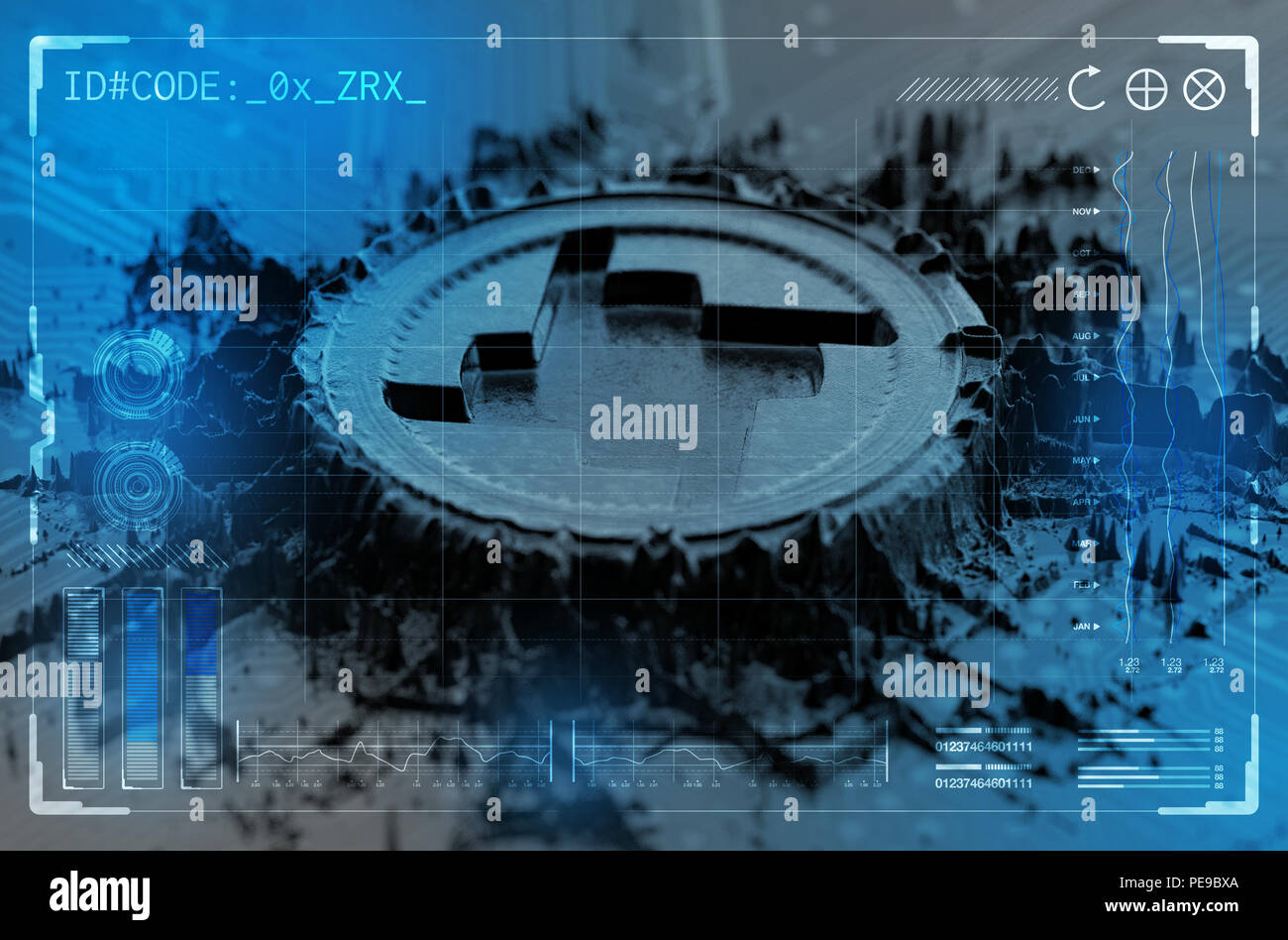 Extruded metal particles that build up to form a physical OX cryptocurrency symbol overlaid with a technical data analysis interface - 3D render Stock Photo