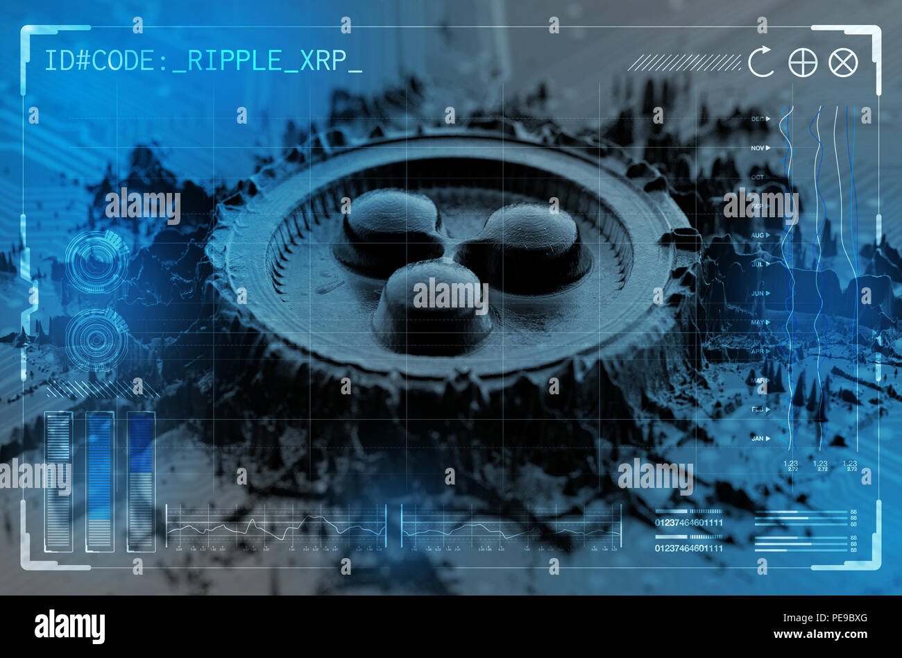 Extruded metal particles that build up to form a physical ripple cryptocurrency symbol overlaid with a technical data analysis interface - 3D render Stock Photo
