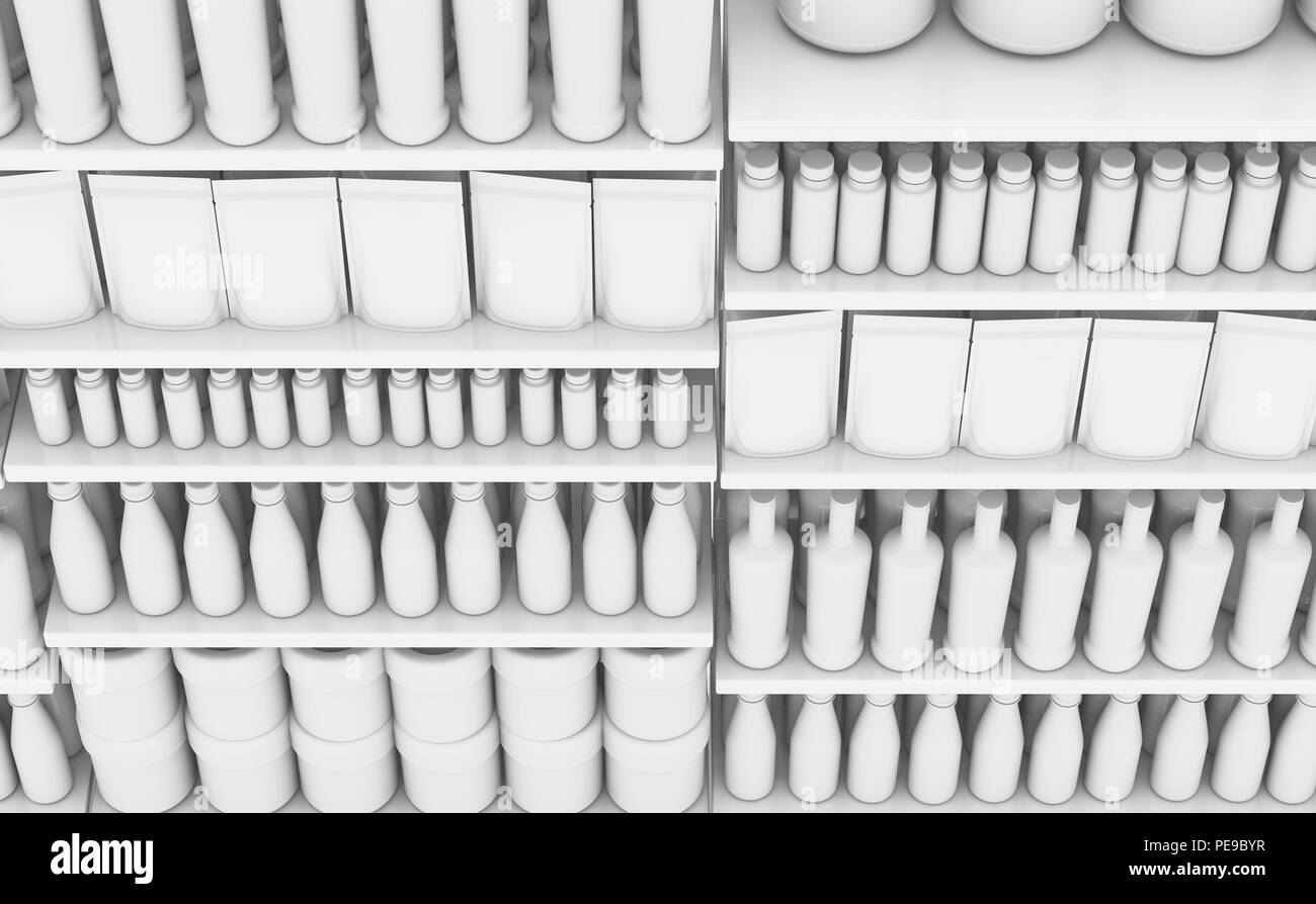 An unsaturated view of a few sections of a supermarket shelf packed with generic consumable
