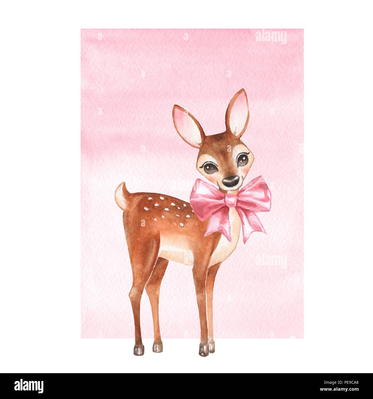 Baby Deer. Hand drawn cute fawn with a bow. Cartoon illustration Stock Photo