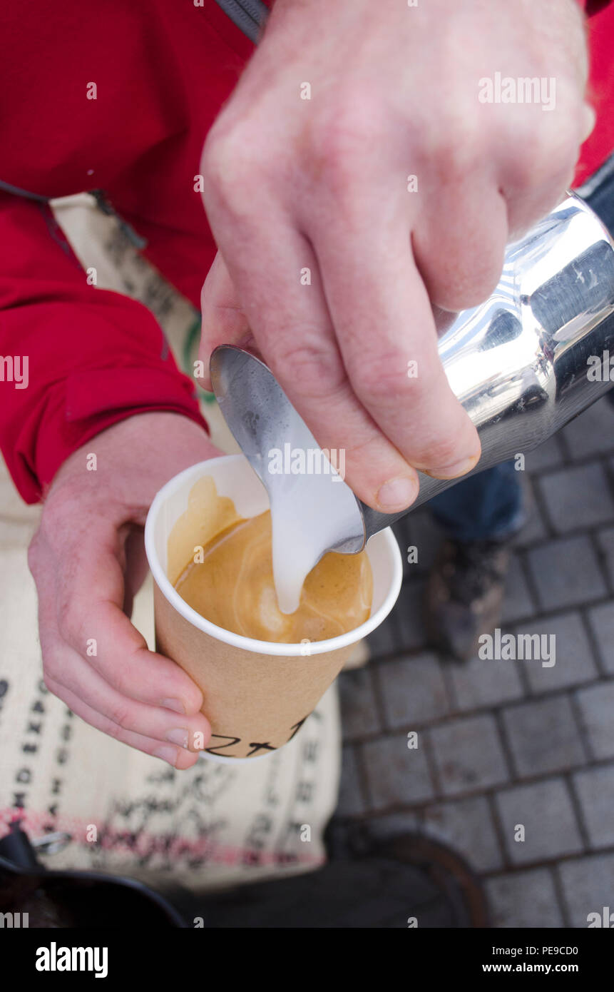 Coffee being served at Abergavenny food festival Stock Photo