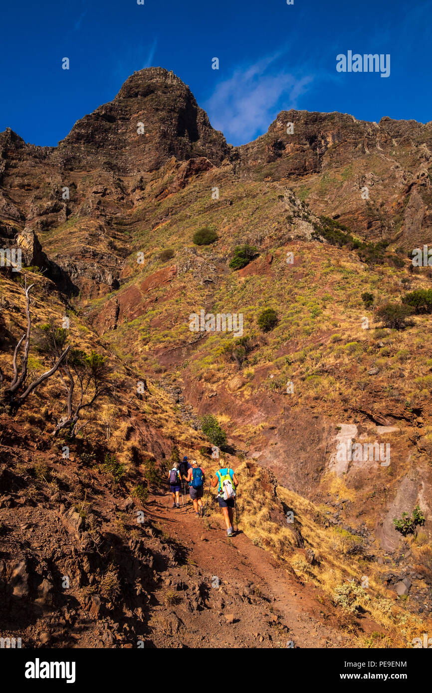 Scrambling up the rocky sides of the barranco above Valle Grande in Anaga, Tenerife, Canary Islands, Spain Stock Photo