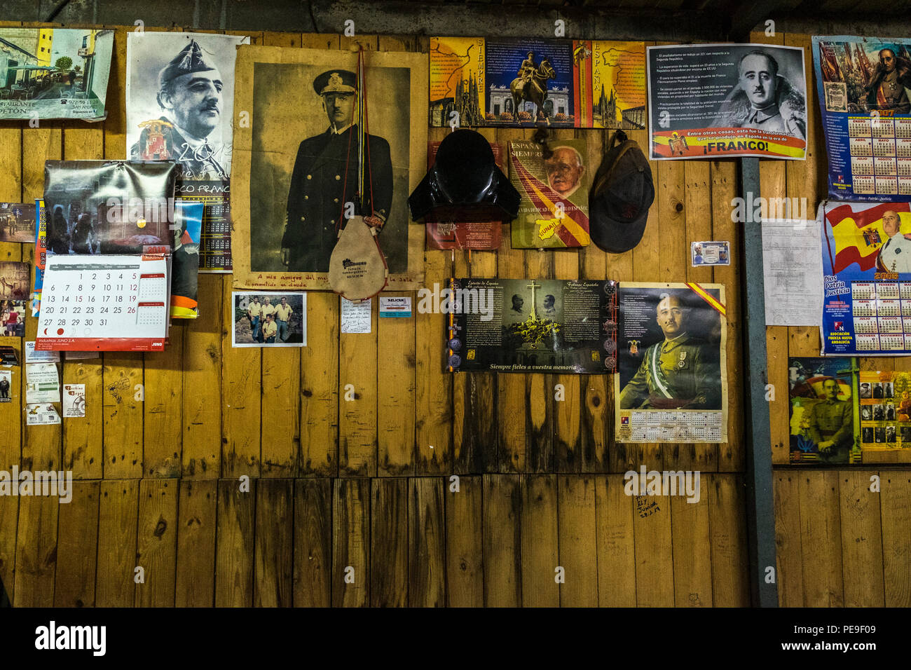 Wall of a Guachinche bar, restaurant, decorated with Franco paraphanelia, photographs and calendars, Valle grande, Anaga, Tenerife, Canary Islands, Stock Photo