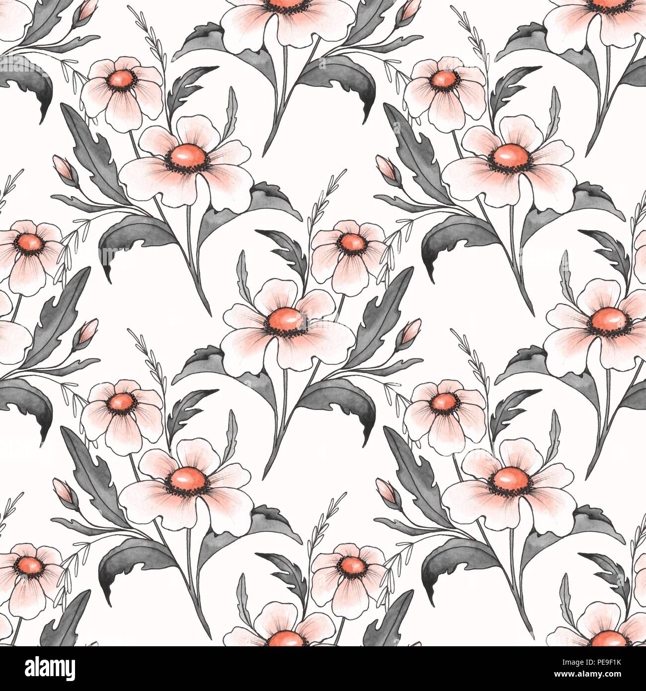 Floral seamless pattern. Watercolor background with white flowers. Ink ...