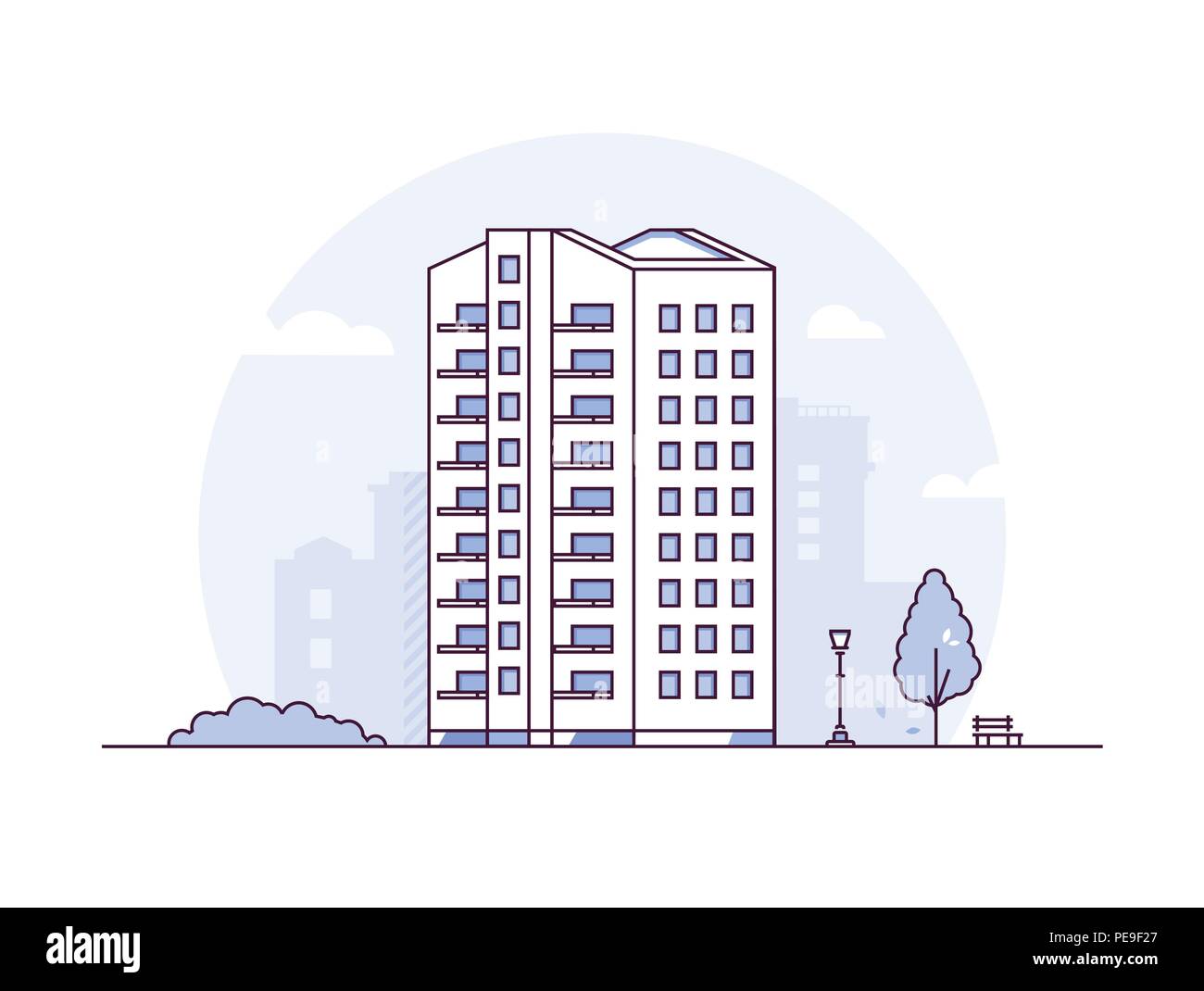 Cityscape - modern thin line design style vector illustration on white ...