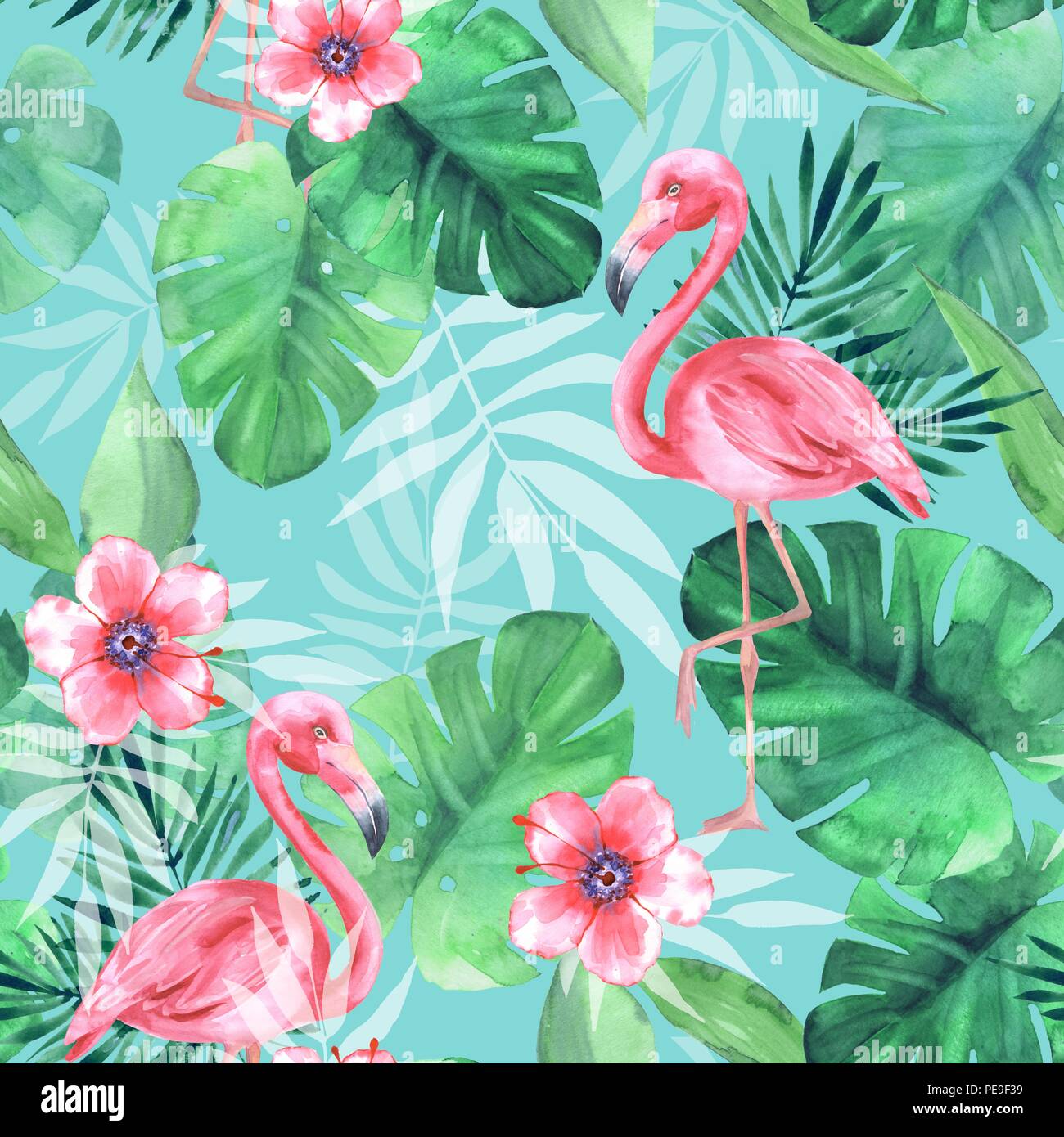 Seamless tropical pattern with pink flamingos. Watercolor illustration ...
