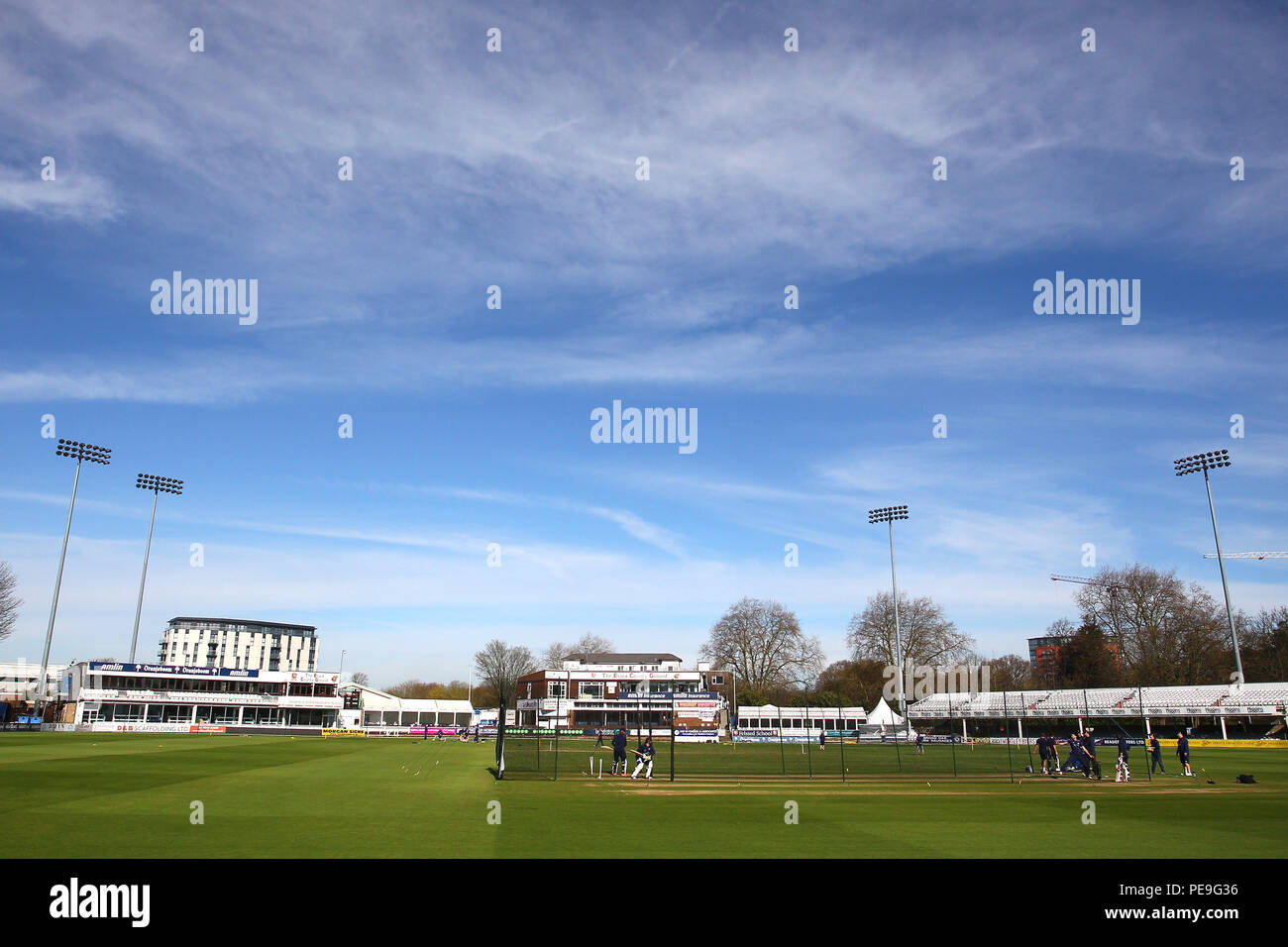 General view of the ground as players warm up ahead of Essex CCC vs Gloucestershire CCC, Specsavers County Championship Division 2 Cricket at the Esse Stock Photo
