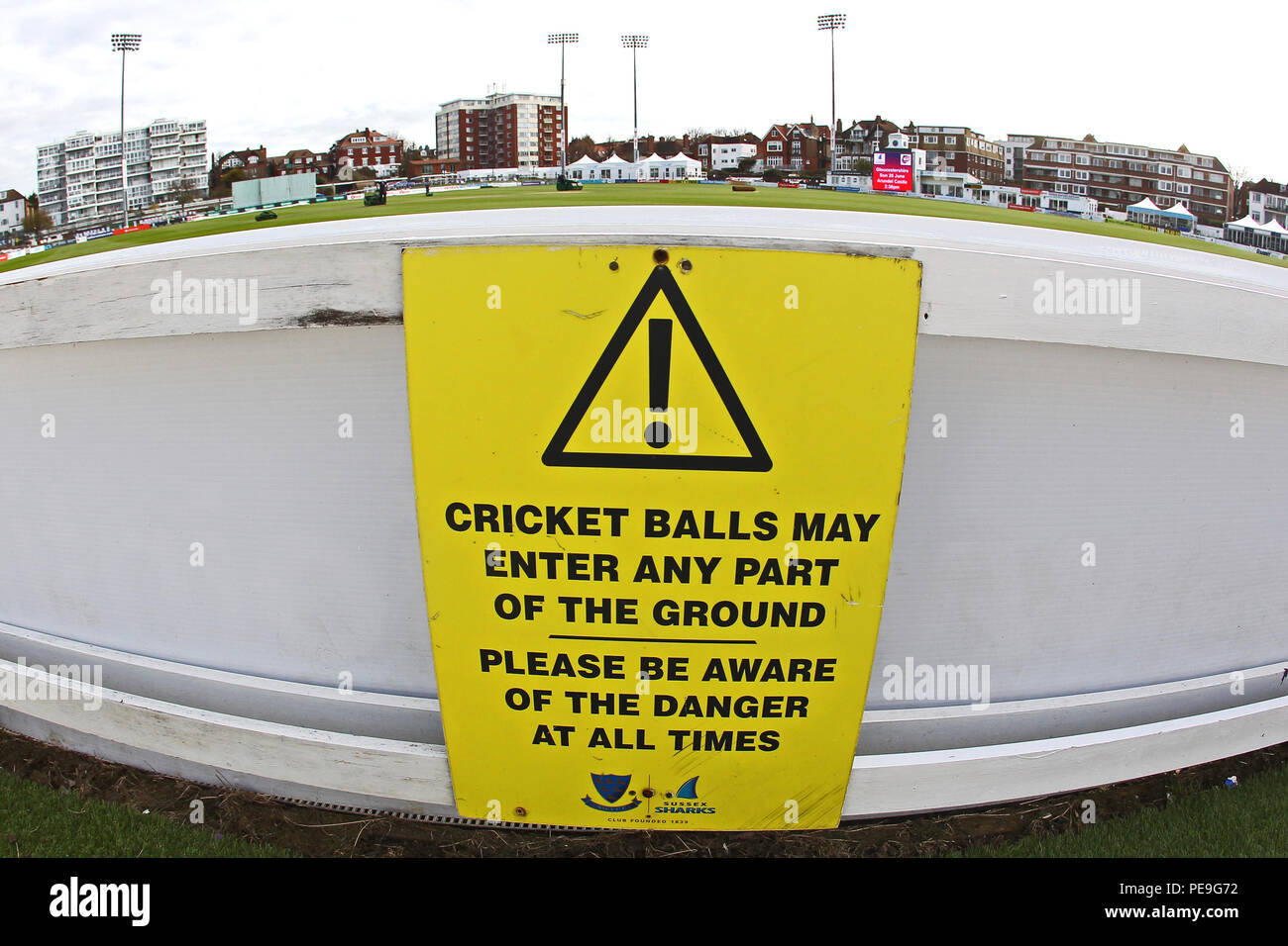 Cricket balls warning signage during Sussex CCC vs Essex CCC