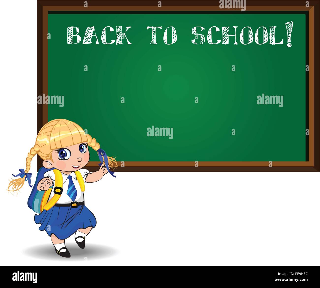 Cute Little Blonde School Girl With Braids And Big Blue Eyes Wearing Uniform With Backpack 