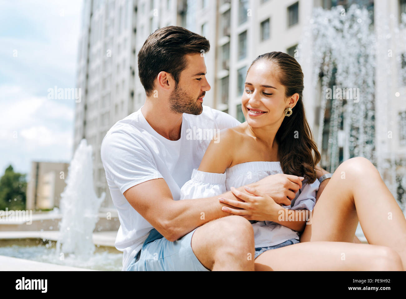 Delighted nice couple having a date Stock Photo