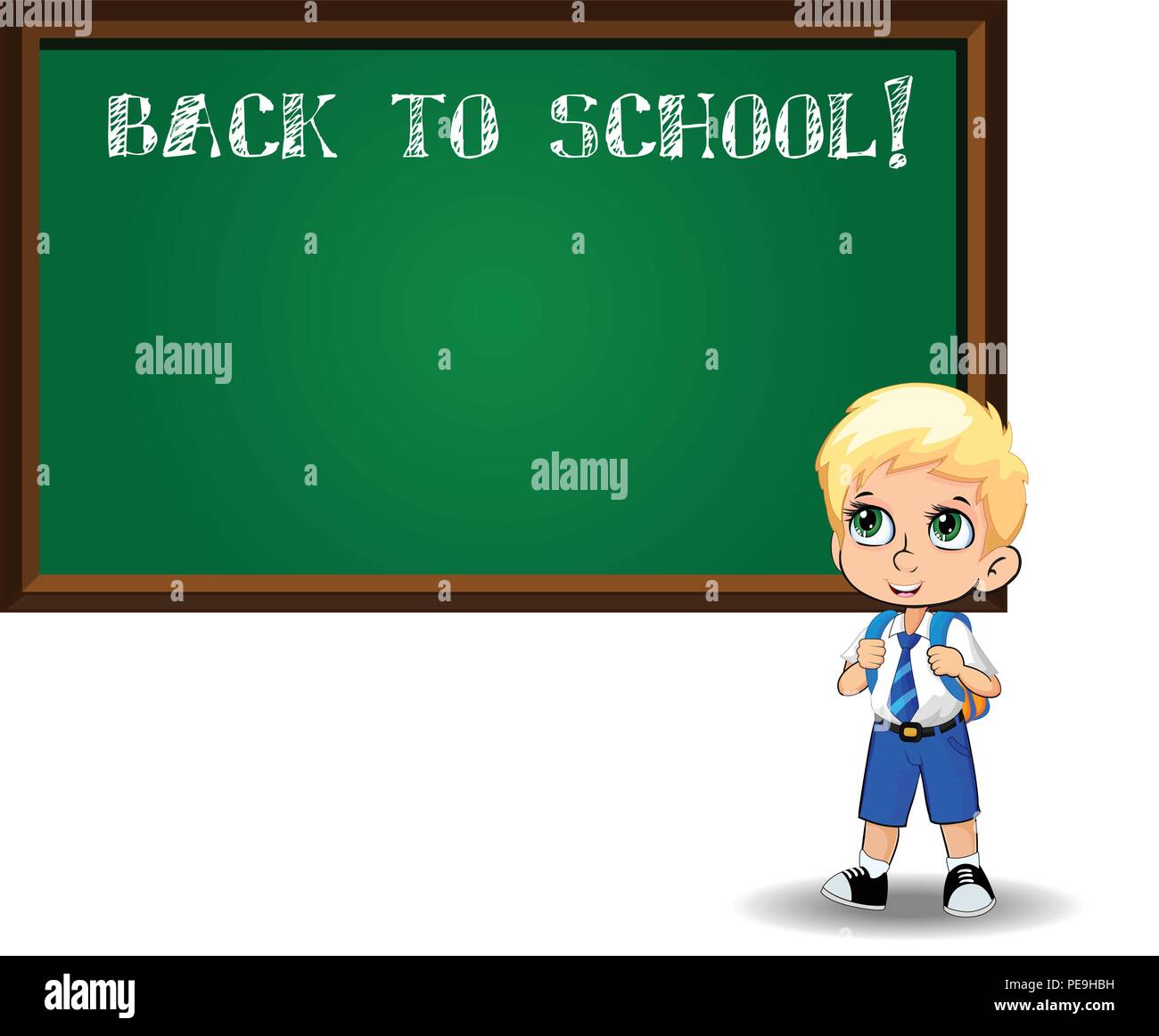 school boy near blackboard with chalk inscription back to school on ...